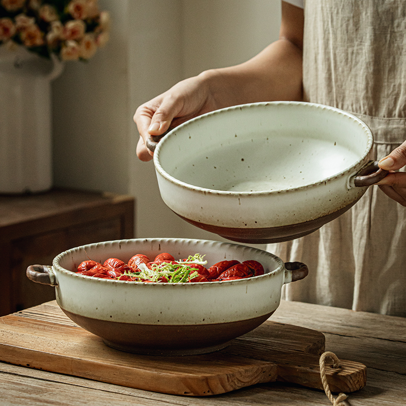 Alley End [Rustic Handmade] Vintage Coarse Ceramic Double-Ear Bowl, Anti-Scald Soup Bowl, Japanese Tableware, Noodle Bowl, Vegetable Bowl