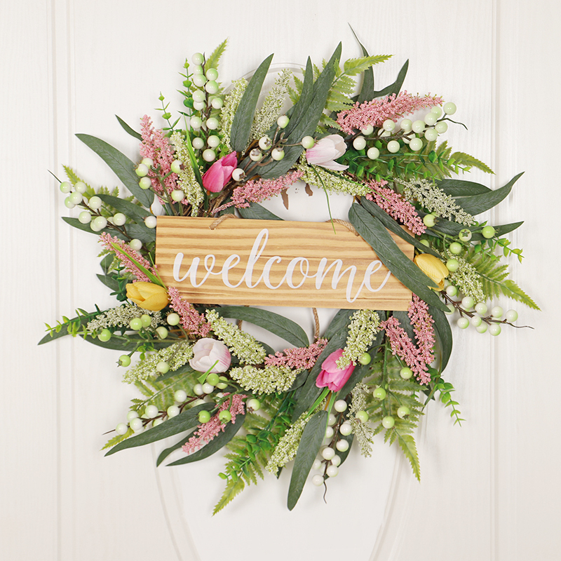 Spring-Colored Home Decoration Door Hanging Tulip Wooden Board Wreath Artificial Flower Arrangement Hanging Ornament for Window, Restaurant, and Wall Decoration