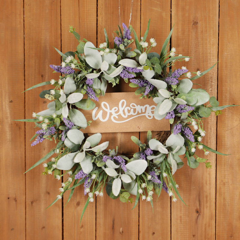 Artificial Flower Arrangement Hanging Decoration Rabbit Ear Leaf Lavender Wooden Board Wreath Indoor Decoration Door Hanging Mall Decoration Hanging Ornament