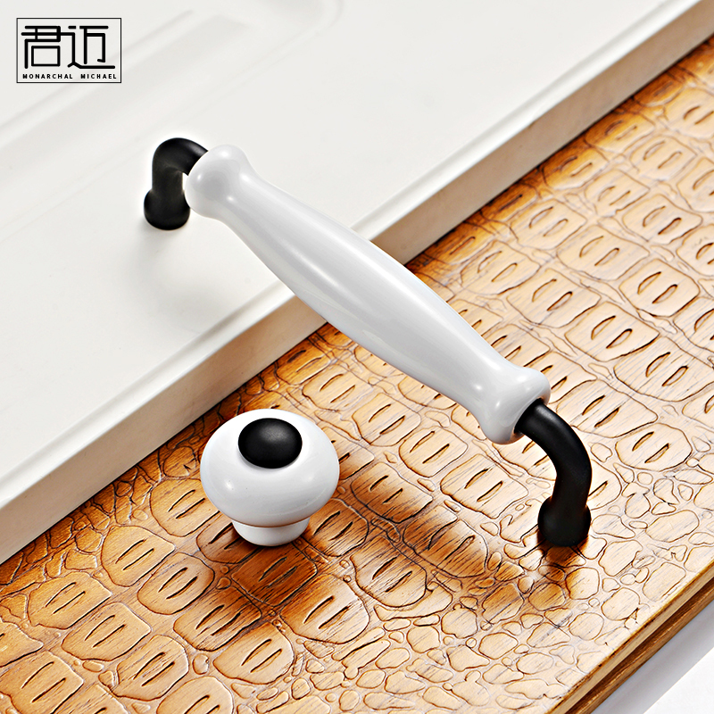 Black white wardrobe handlebar handle Nordic minimalist modern handle wine cabinet door ceramic round drawer Qu handle