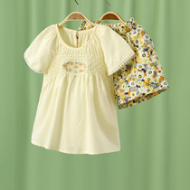 Little Tiger Patty Girls Short Sleeve T-Shirt Gown Floral Set Children Embroidered Shorts Two Pieces Tide