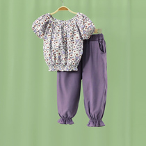 Little Tiger Patty girl flower set new childrens baby girl Summer short sleeve shoulder Net red two-piece tide