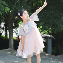 (Chinese style) girl Hanfu dress foreign summer dress new fake two-piece buckle embroidery flower princess dress