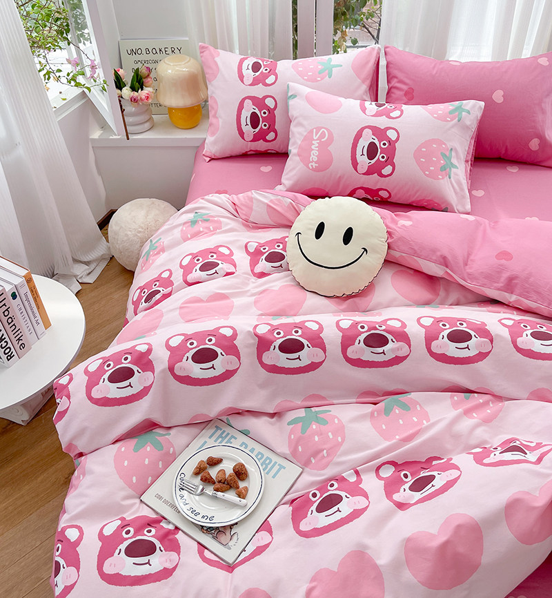 2022 new bed four-piece set pure cotton 100 cotton ins strawberry bear small fresh cartoon quilt cover bed sheet fitted sheet