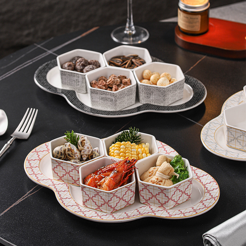 Chinese Palace-Style Cold Dish Platter with Four Grids, Hotel Pre-Dinner Ceramic Cold Dish Platter, Commercial Tea Snack Plate