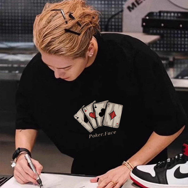 Heavyweight 320g Jackson Wang (Jackson Wang) Style Playing Card Print Pure Cotton Short-Sleeve T-Shirt for Men, Casual Crew Neck, Loose Fit