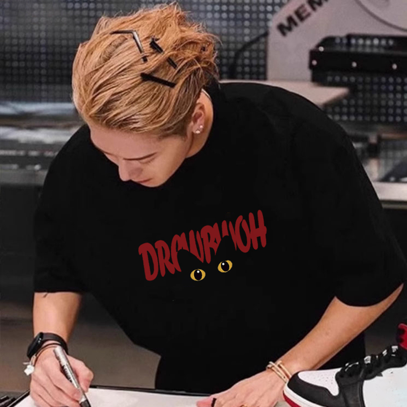 Jackson Wang Style Cartoon Cat Print Short-Sleeve T-Shirt, Pure Cotton 320g, Trendy Brand, Loose Fit, Summer 2026 New Model
