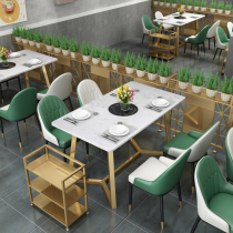 Commercial marble hot pot table induction cooker integrated barbecue restaurant sea bottom fishing string round non-smoking table and chair combination