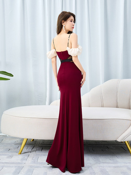 性感吊带晚礼服包臀长款开叉低胸气质拼色连衣裙桑拿技师沐足工衣