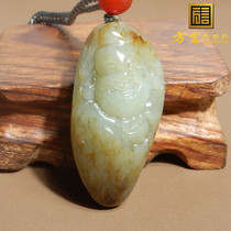 Hetian jade boutique with huge leakage Huang Qin skin green white jade seed material Maitreya Laughing Buddha pendant R8