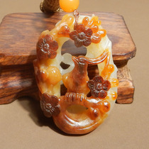 High-quality dialect Hetian jade collection-grade characteristic aged yellow Qin skin white jade Russian seed pretty carving happy brow pendant X6