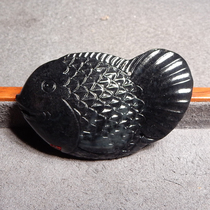 Hi Fantian Dialect Hetian Jade Boutique Jet Black Ink Jade Blue and White Seed Material Fish Pendant Pendant R8