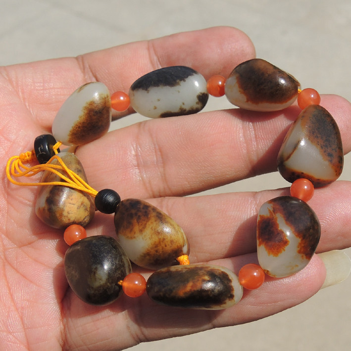 Dialect Hetian jade hand chisel boutique Xinjiang Yulong River mutton fat white jade skin color seed bracelet original stone diy chain F