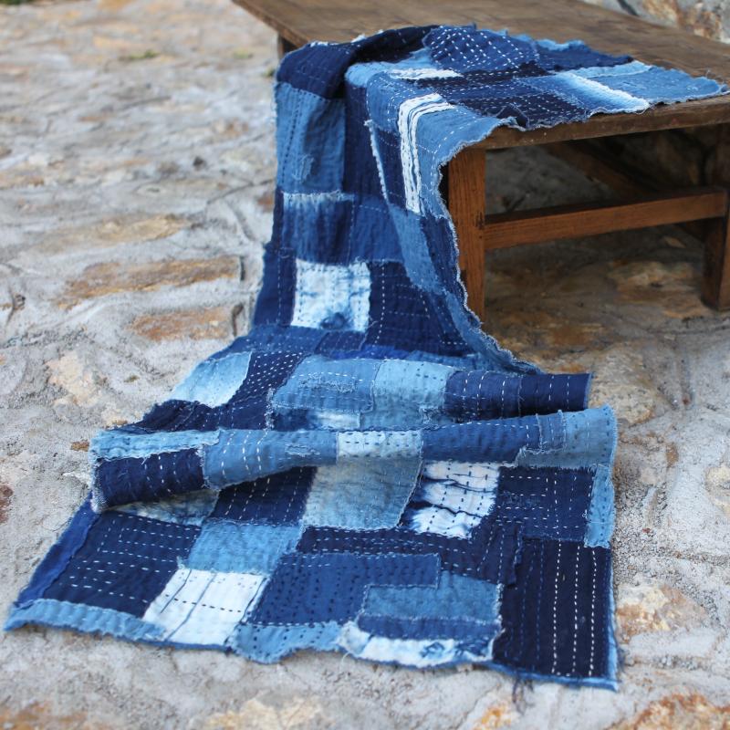Plant-Dyed Blue Patchwork Plant-Dyed Sashiko Embroidery Patchwork Tea Mat Table Runner Tablecloth Fabric