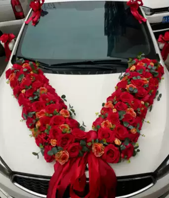 Main wedding limousine decoration set Front flower Big V wedding float creative suction cup Big red wedding full set of decoration pull flowers