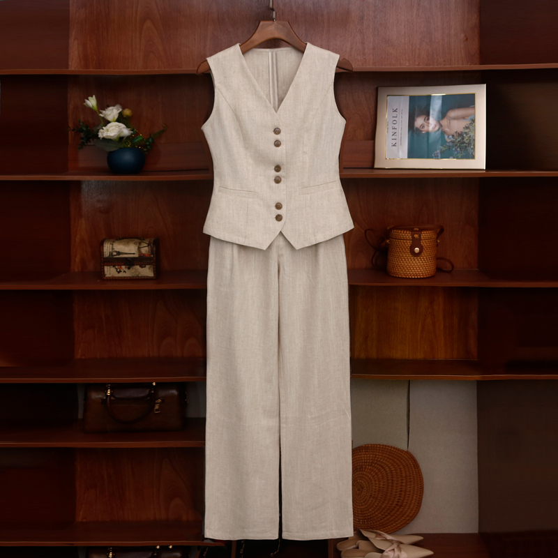 Old Money Style Linen Vest and Pants Set for Women, 2025 Summer New Outerwear, Ramie Cotton Linen Sleeveless Vest
