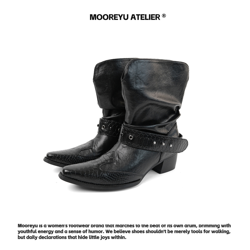 Mooreyu Original Design Pleated Western Leather Short Boots for Women, Slimming Motorcycle Chunky Heel Pointed Toe Riding Boots, Retro