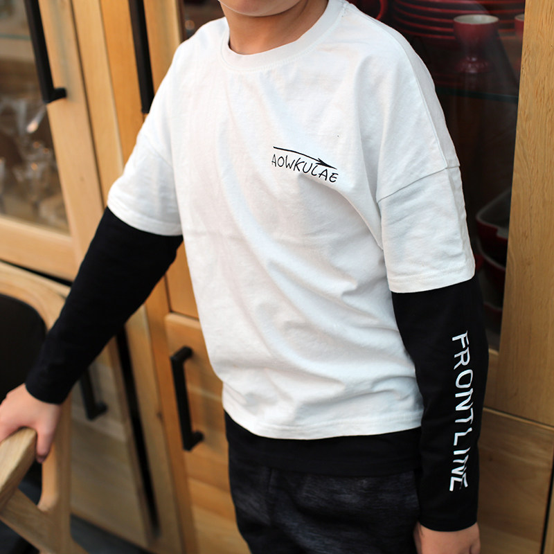 Spring and autumn season Han version of the new boy Long sleeves T-shirt CUHK Tong pure cotton collage Two children beat the bottom