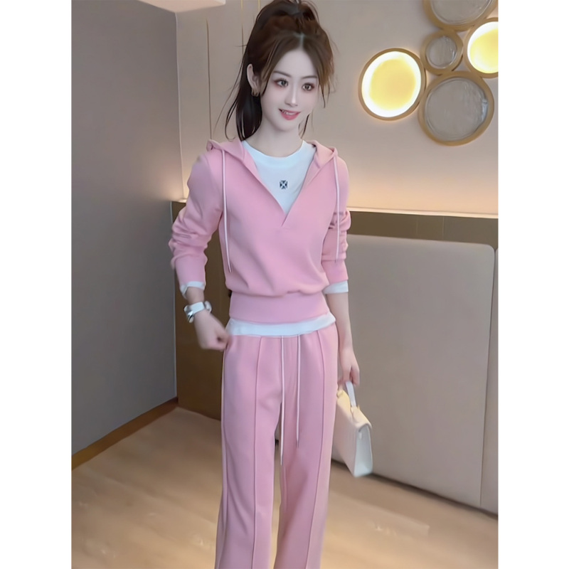 Pink Fake Two-Piece Hooded Sweatshirt Set for Women 2025 Spring New Fashion Stylish Age-Reducing Casual Sports Top