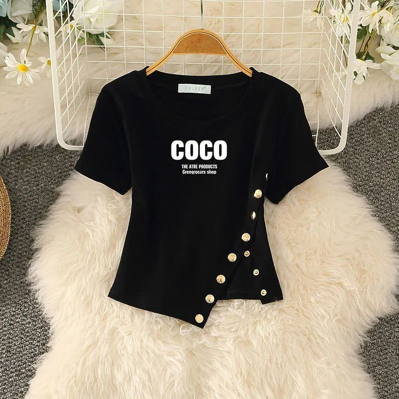 Design-Focused, Unique Button Irregular Short-Sleeve T-Shirt for Women, 2026 Summer Short High-Waisted Chic Printed Top
