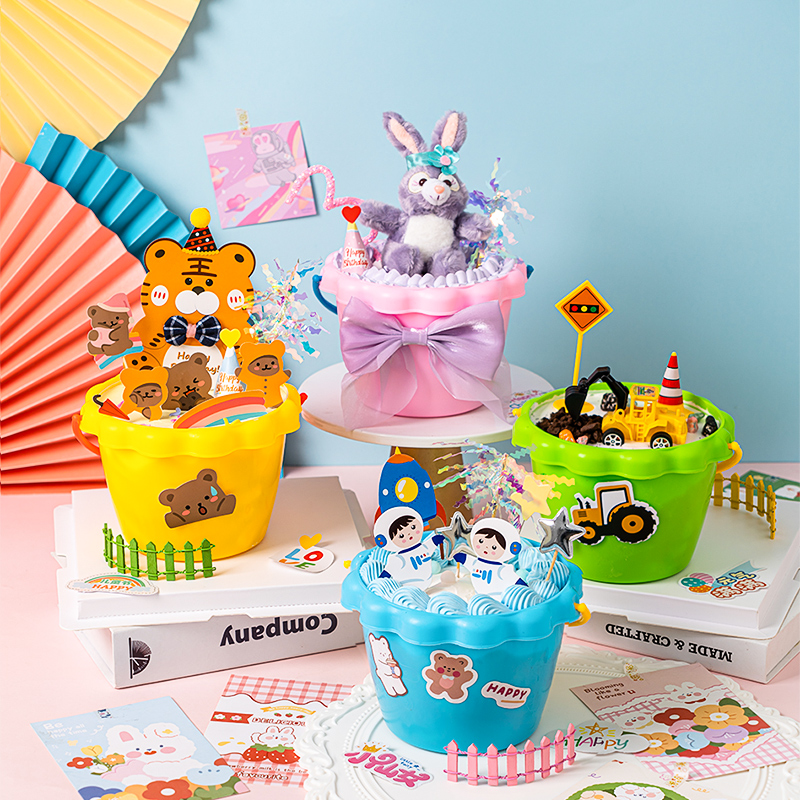 Children's Festival Cream Bucket Cake Decoration Engineering Car Astronaut Bunny Swing Piece Net Red Picnic Hand Bucket Cake