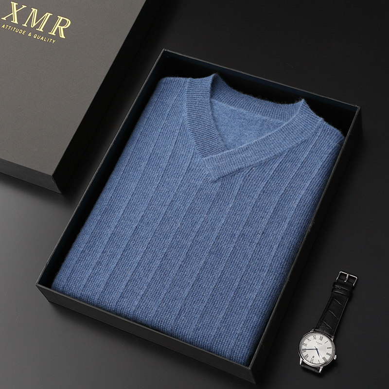 High-end pure mountain cashmere sweater men's V-neck business sweater autumn and winter New knitwear soft waxy warm leisure base shirt