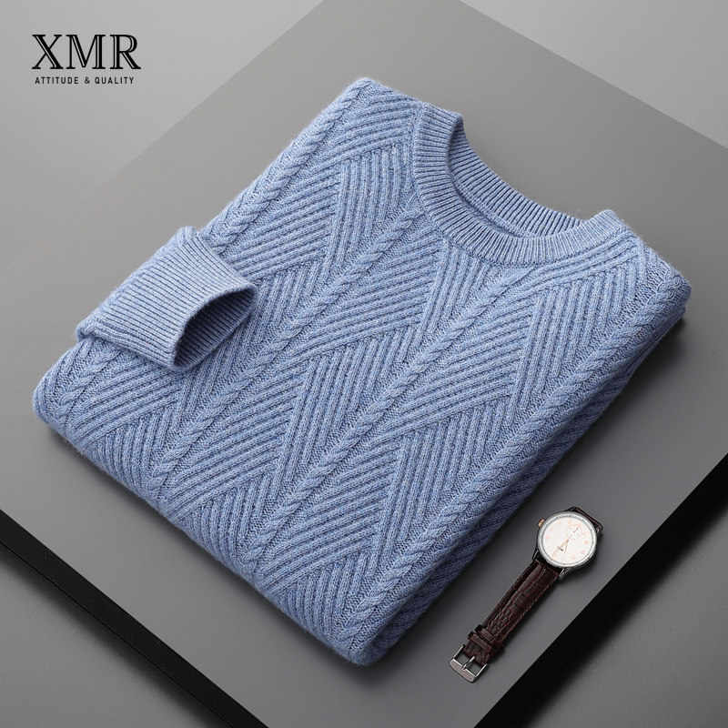 Fashion Men's Cashmere Sweatshirt Rounded Collar Thickened Goat Sweatshirt Winter Warm Beating Undershirt Mountain Cashmere Jacquard Knit Sweater