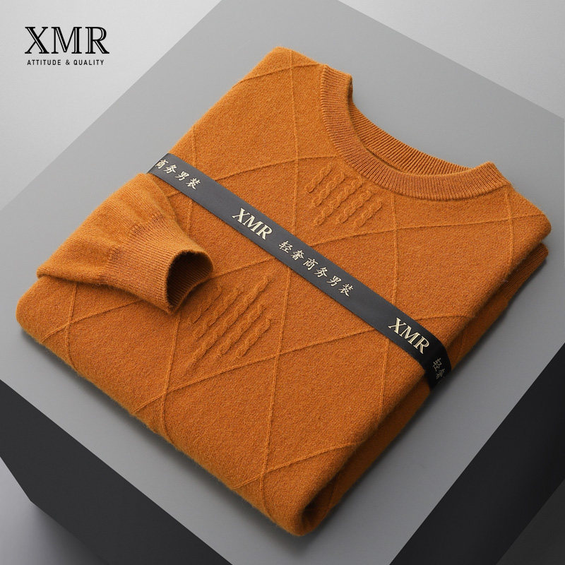 Classic Rhombus Sweater men's spring and autumn slim down long sleeves inner lap dress rhomboid jacquard wool sweatshirt men's round neckline cashmere