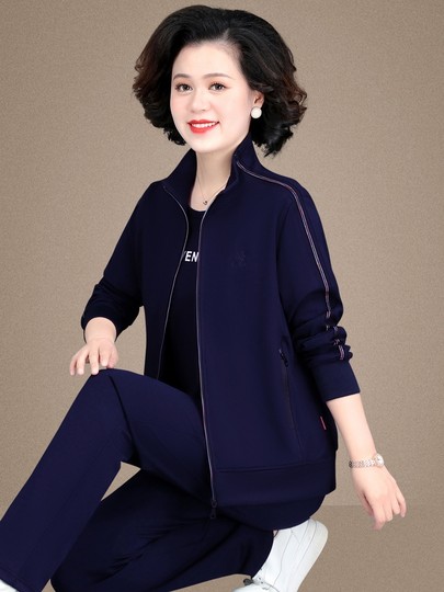 Mom's Autumn Jacket, Middle-Aged Women's Casual Sportswear, Middle-Aged and Elderly Spring and Autumn Large Size Tops, Three-Piece Sports Suit