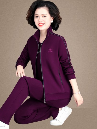 Mom's Autumn Jacket, Middle-Aged Women's Casual Sportswear, Middle-Aged and Elderly Spring and Autumn Large Size Tops, Three-Piece Sports Suit