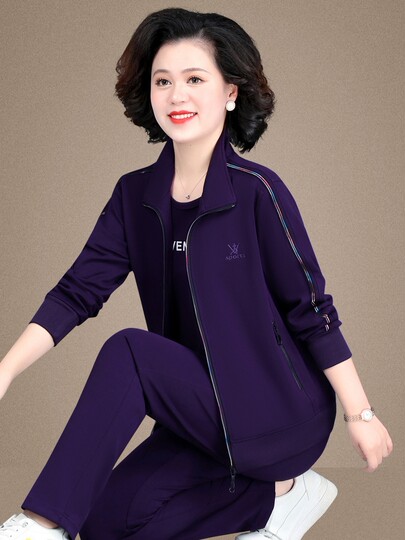 Mom's Autumn Jacket, Middle-Aged Women's Casual Sportswear, Middle-Aged and Elderly Spring and Autumn Large Size Tops, Three-Piece Sports Suit