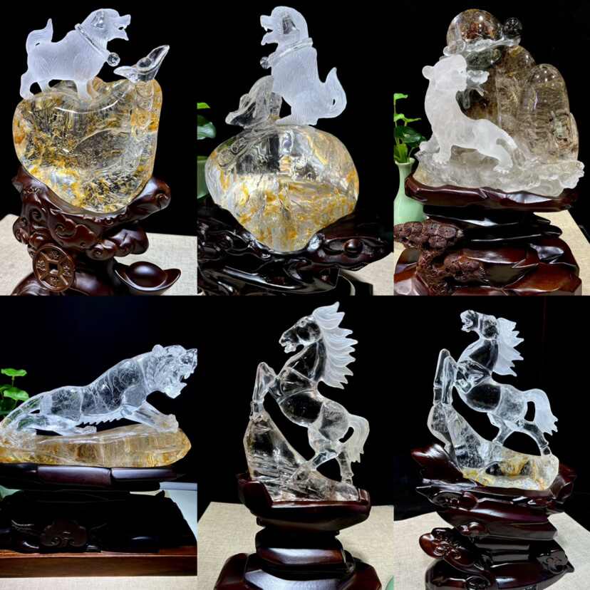 天然水晶 虎-風水-白虎(白い虎の彫刻物-置物) 宝石鑑別書付き q-24