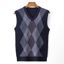  Winter middle-aged mens V-neck pullover vest sweater Dad wool vest Middle-aged and elderly knitwear waistcoat men