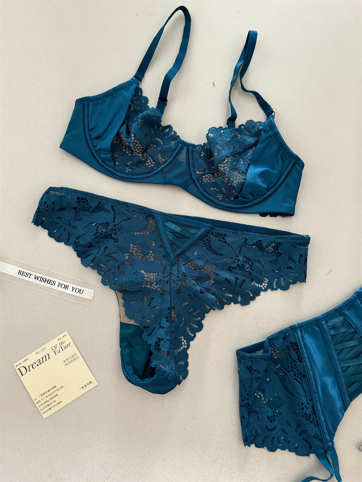 Description Picture 2 of itemSatin three-piece thin section lingierie large breast underwear sexy lace bra breathable blue temperament underwear set