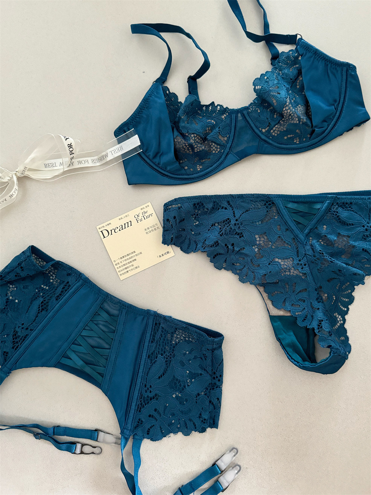 Description Picture 5 of itemSatin three-piece thin section lingierie large breast underwear sexy lace bra breathable blue temperament underwear set