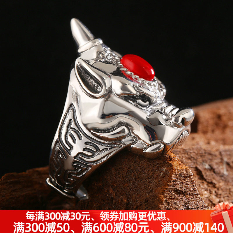 Leopard Ring Male Pure Silver National Tide Hand South Red Ring Female Studded Retro Guru Finger God Beast Men's Ring