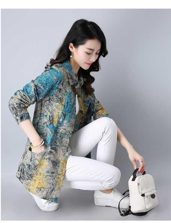 Áo sơ mi nữ tay dài hoa 2017 mùa xuân và mùa thu mới cho mẹ trung niên size lớn áo cotton rộng và áo lanh in thời trang công sở nữ