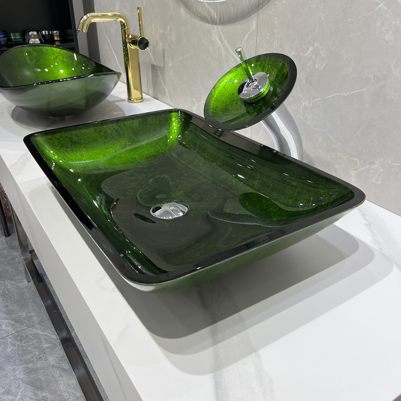 Matcha Green Tempered Glass Wash Basin Home Countertop Basin Retro Art Basin Creative Rectangular Wash Basin