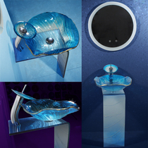 Tempered glass L bracket wash glass column basin blue Mediterranean floor standing basin art Basin