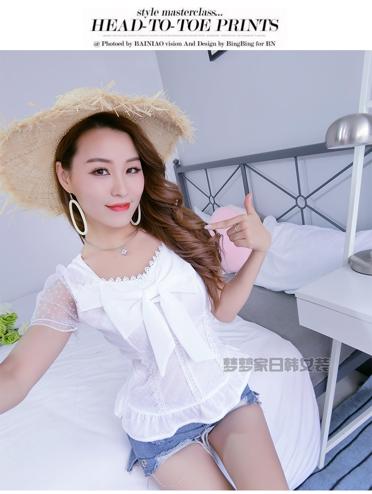 Đầm voan cổ vuông cẩn thận máy nữ mùa hè cơ thể giảm béo gạc khâu áo công chúa ren ngọt ngào áo sơ mi sọc nữ