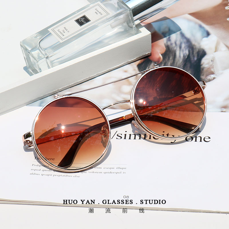 Golden Frame Tea SliceG-Dragon Same double-deck Flap Sunglasses Dual purpose Upturning Sunglasses Retro Large frame circular glasses Can match myopia