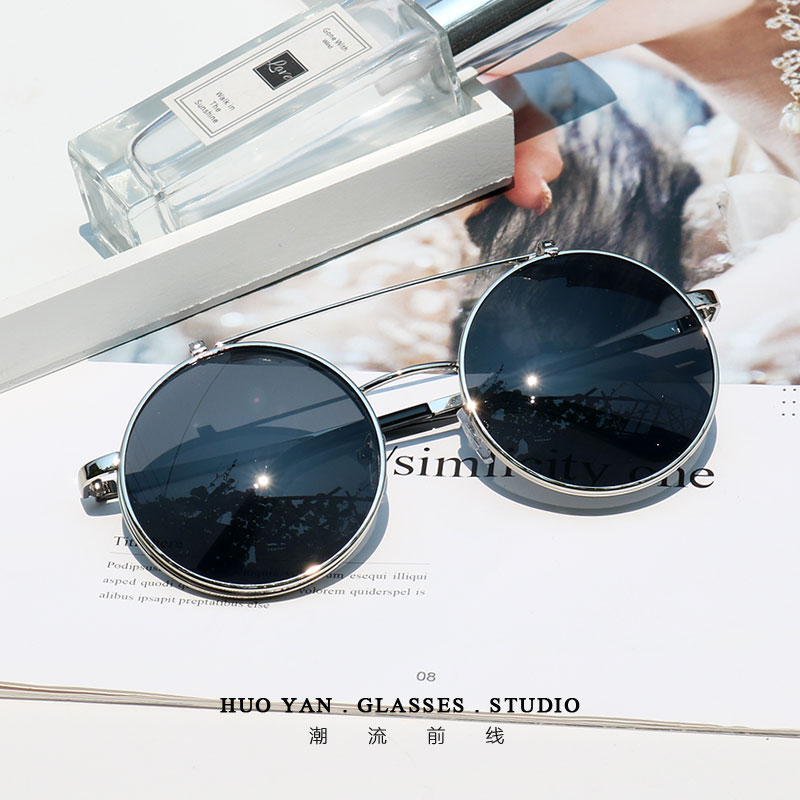 Silver Frame Black SliceG-Dragon Same double-deck Flap Sunglasses Dual purpose Upturning Sunglasses Retro Large frame circular glasses Can match myopia