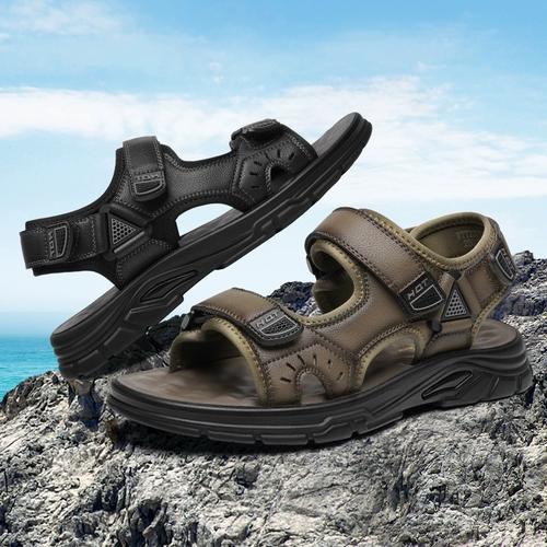 Мужские летние спортивные сандалии, слайдеры на платформе, тапочки на липучке, пляжная обувь, из натуральной кожи