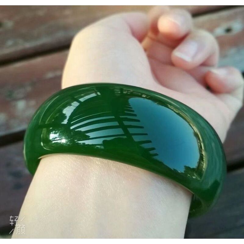 Natural Xinjiang Hetian Jade Bracelet, Widened Version, Spinach Green Round Bar, Women's Style, Green Jewelry, Gift for Mom Natural Xinjiang Hetian Jade Bracelet, Widened Version, Spinach Green Round Bar, Women's Style, Green Jewelry, Gift for Mom
