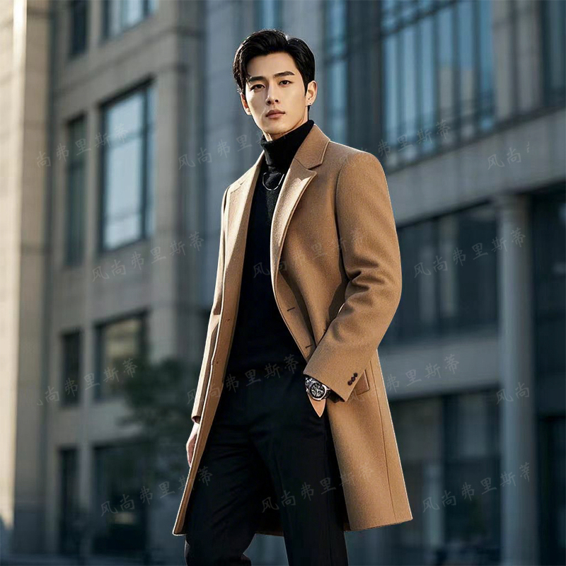 Men's Business Coat, New Autumn and Winter 2025 Style, British Slim Fit, Mid-Length Wool Coat, Thickened Woolen Korean Style Men's Clothing