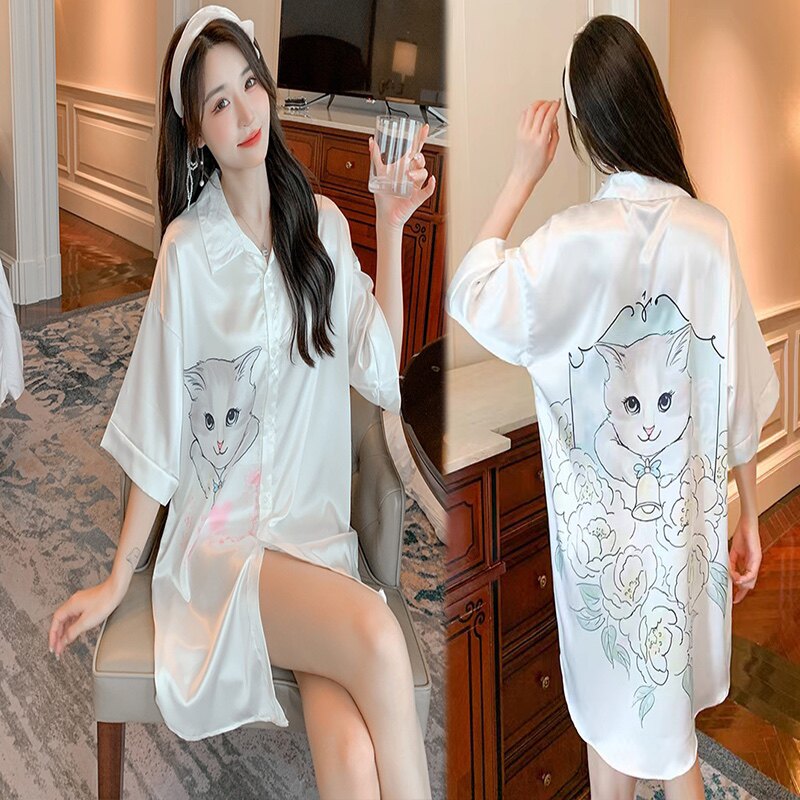 Douyin Net Red Cat Nightdress Female Xia Bingsi Thin Sexy Boyfriend Shirt Style Sweet and Cute White Pajamas