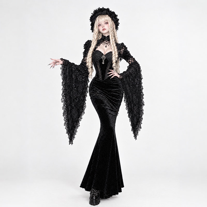 Wannathis Gothic Style Black Lace Dress Women's Long-Sleeved Waist-Cinching Palace Style Halloween Dress Set