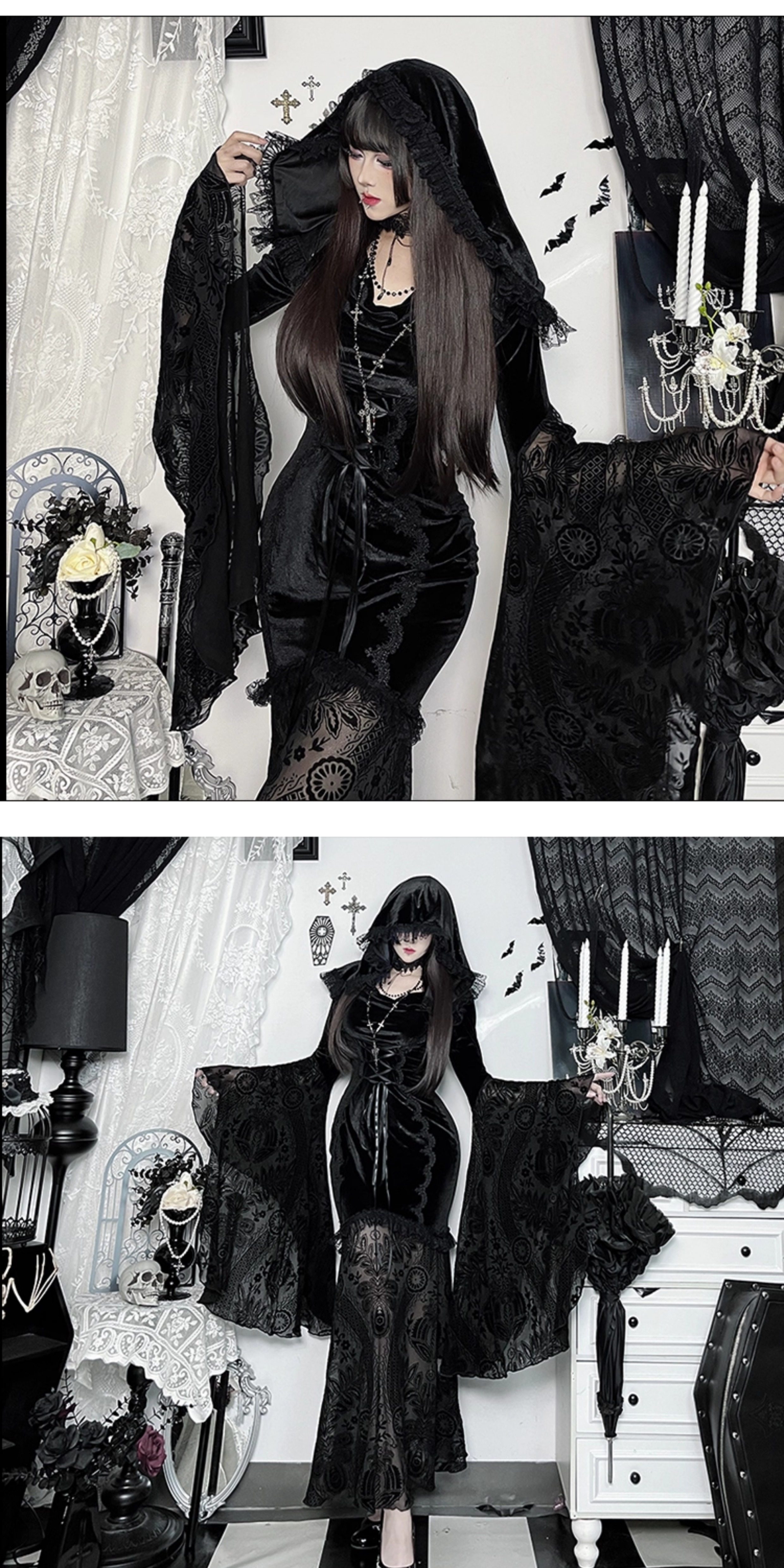 Wannathis Gothic Lace Dark Witch Cosplay Long Dress