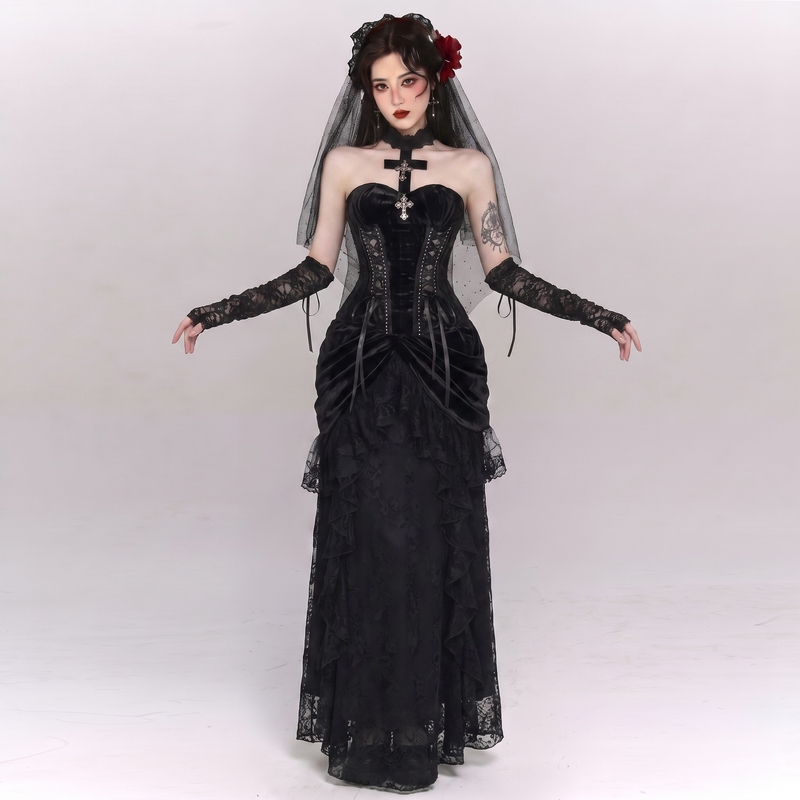 Wannathis Dark Gothic Velvet Lace Tube Top Long Skirt Women's Waist-Cinching Suit Black Two-Piece Set