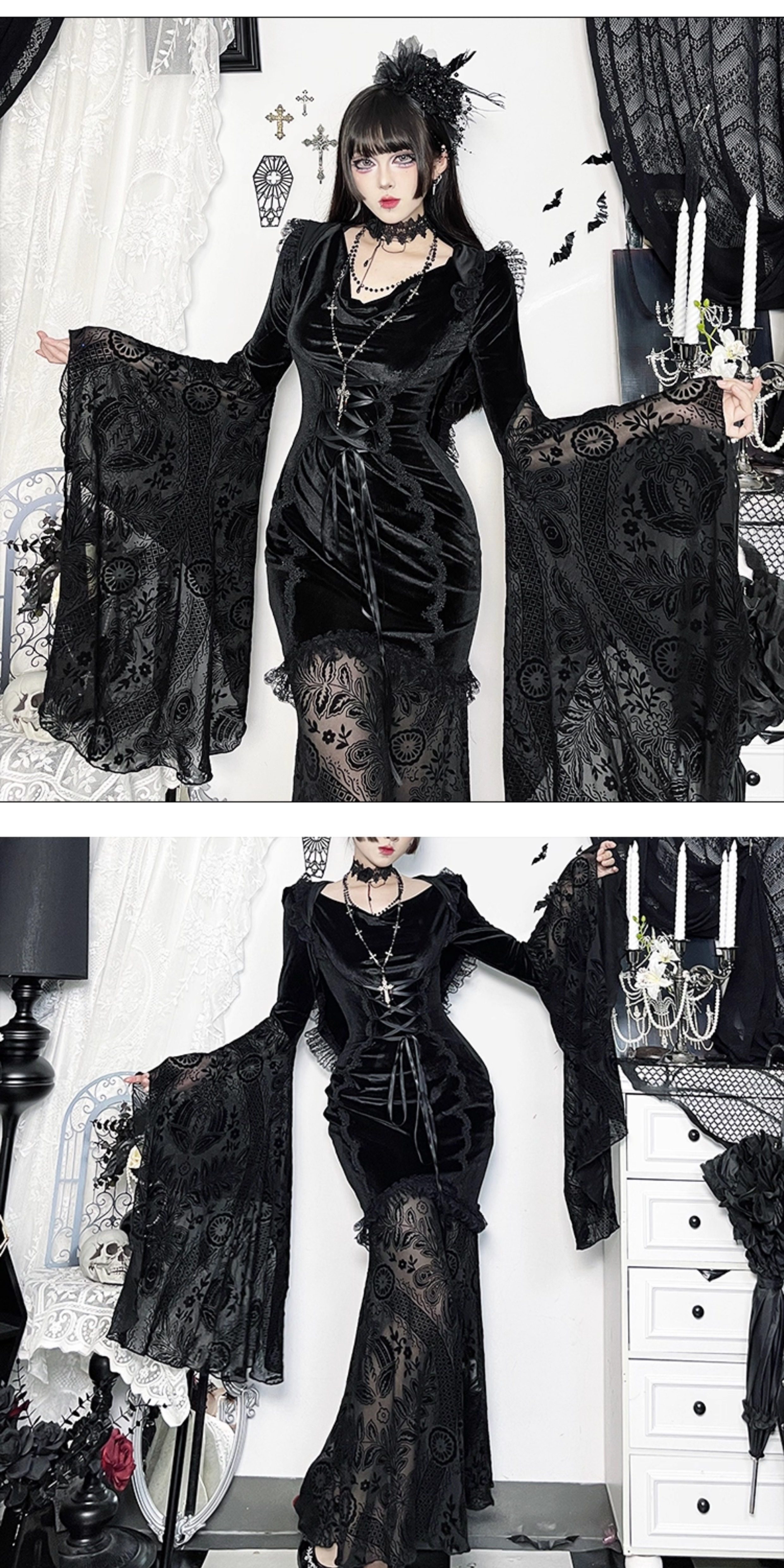 Wannathis Gothic Lace Dark Witch Cosplay Long Dress